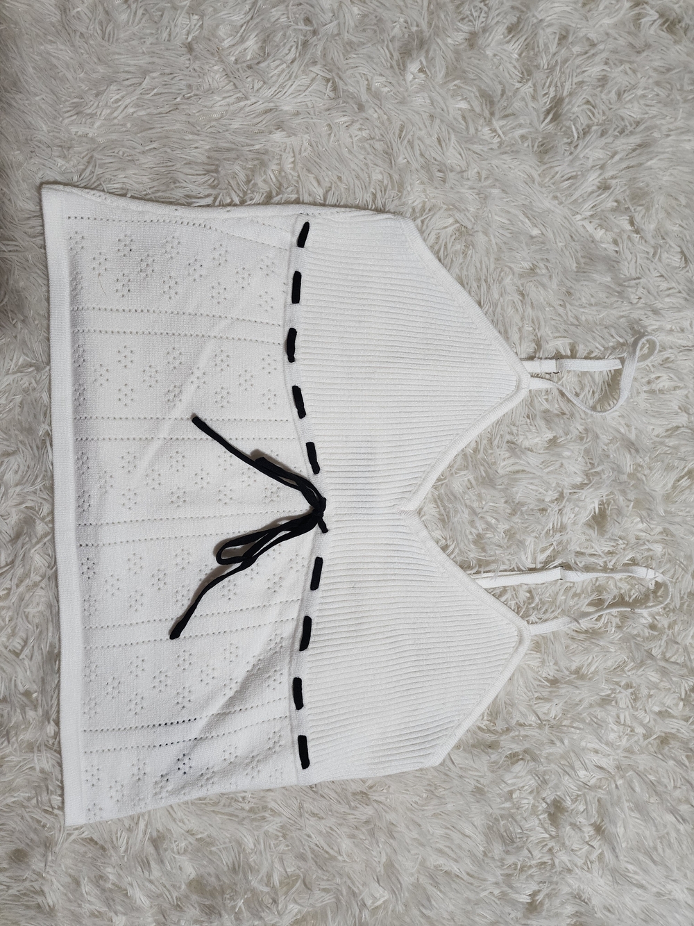 White Knit Camisole with Black Accent Tie